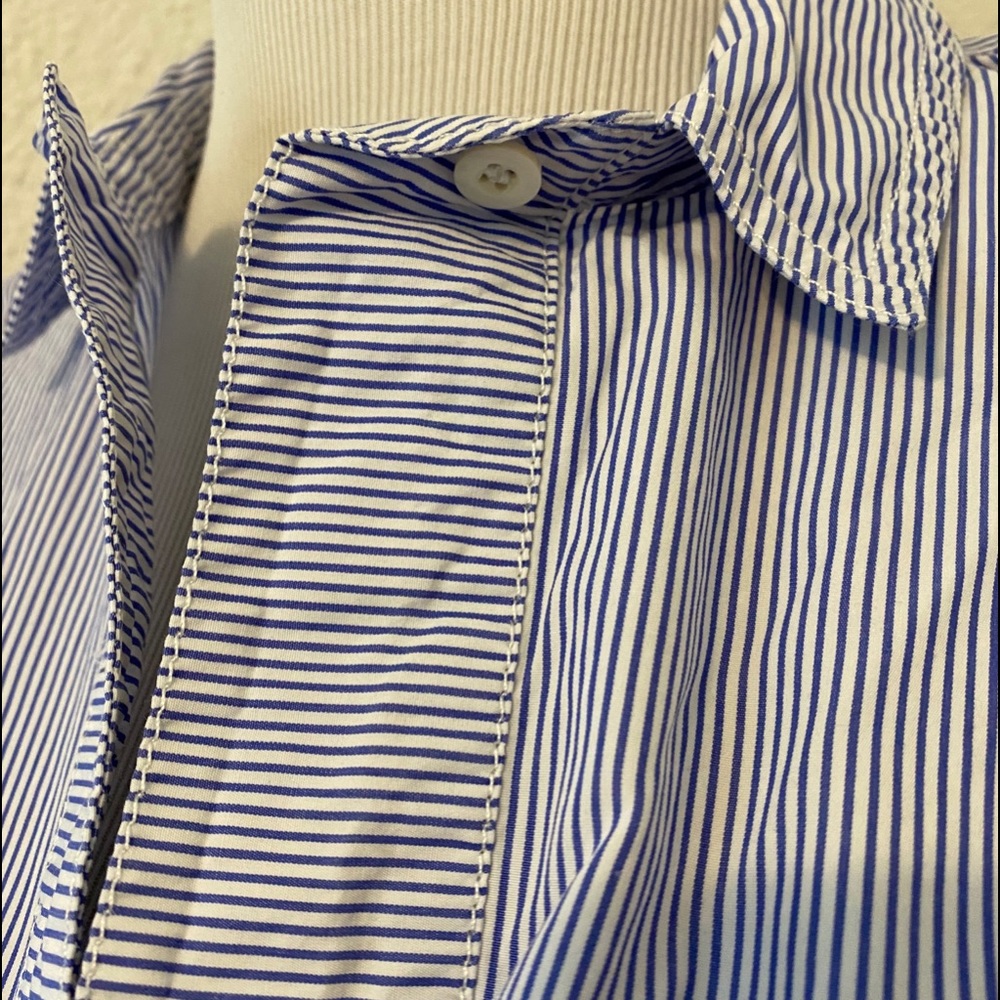 J. Crew Blue White Pinstripe Cap-Sleeve Button Shirt - Picture 7 of 15